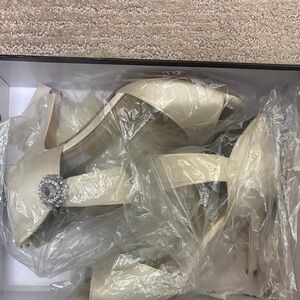 Ivory Satin Peep-Toe Heels with Crystal Accent